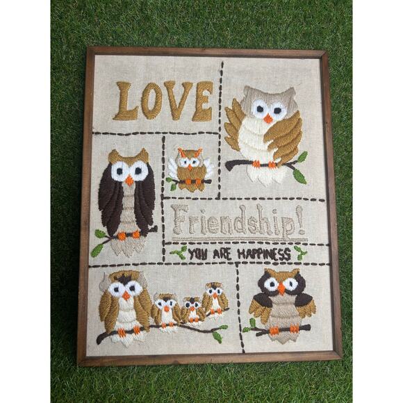 Vintage Needlepoint Friendship‎ Love Happiness Owl Picture - Picture 1 of 6